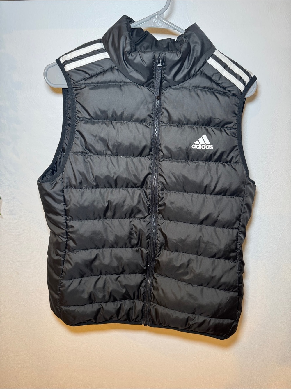 adidas Black Quilted Puffer down Vest with White Stripe Detail